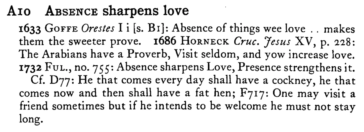 ABSENCE sharpens love - a scanned entry from Tilley's 1950 Dictionary of Proverbs.