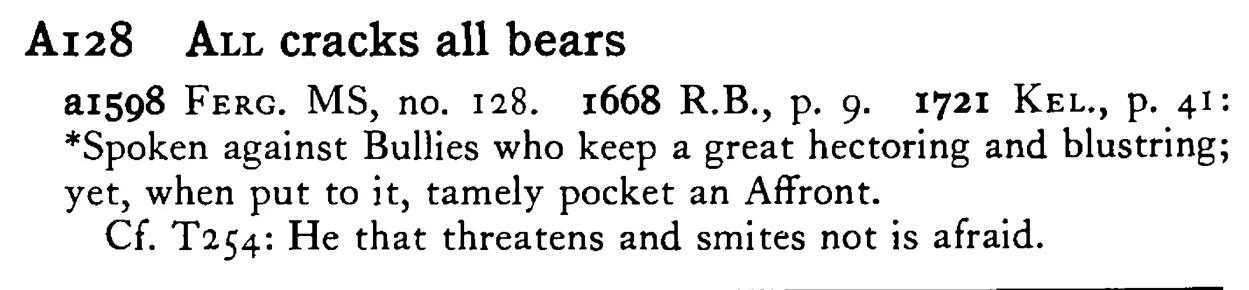 ALL cracks all bears - a scanned entry from Tilley's 1950 Dictionary of Proverbs.