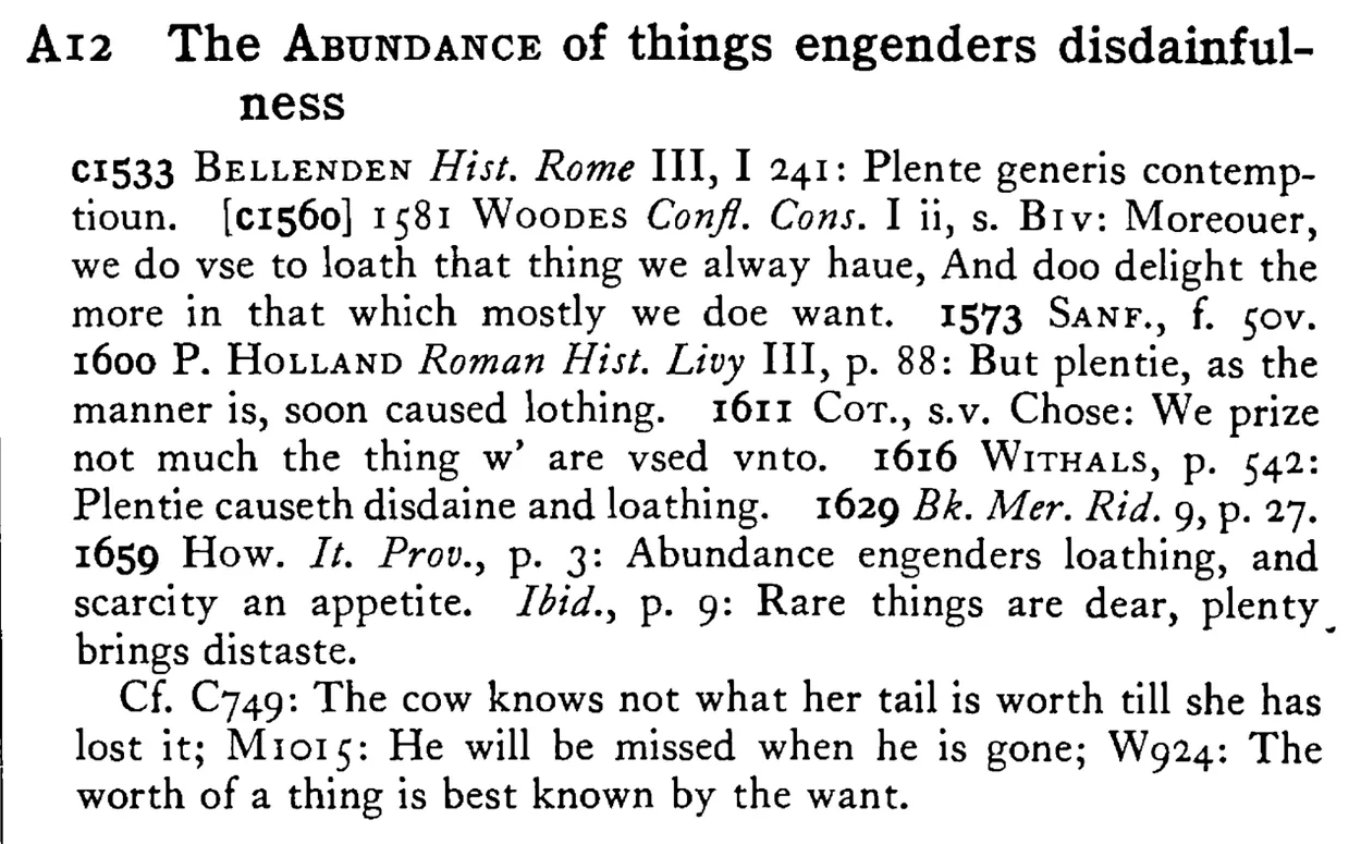 The ABUNDANCE of things engenders disdainfulness - a scanned entry from Tilley's 1950 Dictionary of Proverbs.