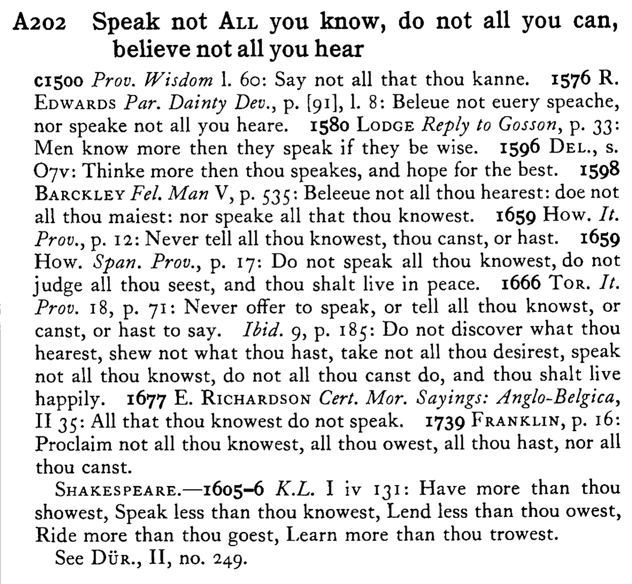 Speak not ALL you know, do not all you can, believe not all you hear - a scanned entry from Tilley's 1950 Dictionary of Proverbs.