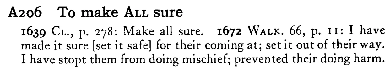 To make ALL sure - a scanned entry from Tilley's 1950 Dictionary of Proverbs.
