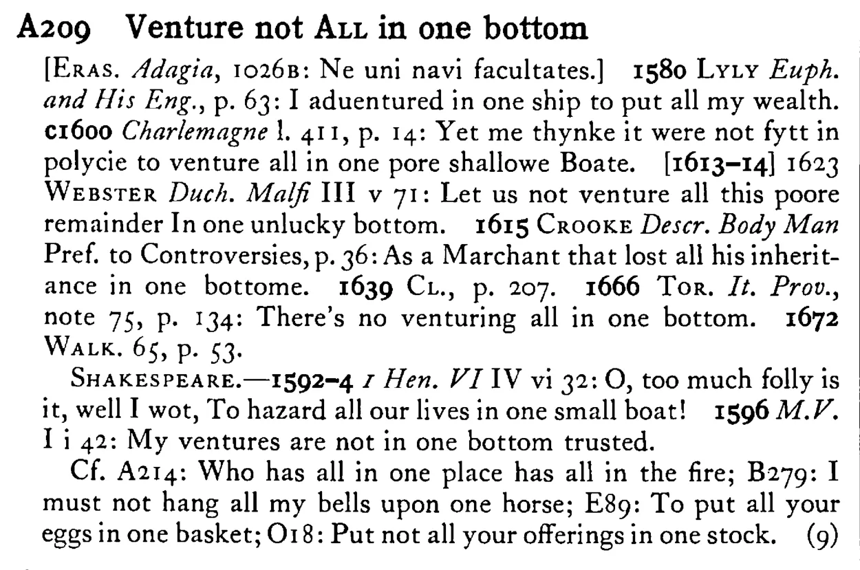 Venture not ALL in one bottom - a scanned entry from Tilley's 1950 Dictionary of Proverbs.