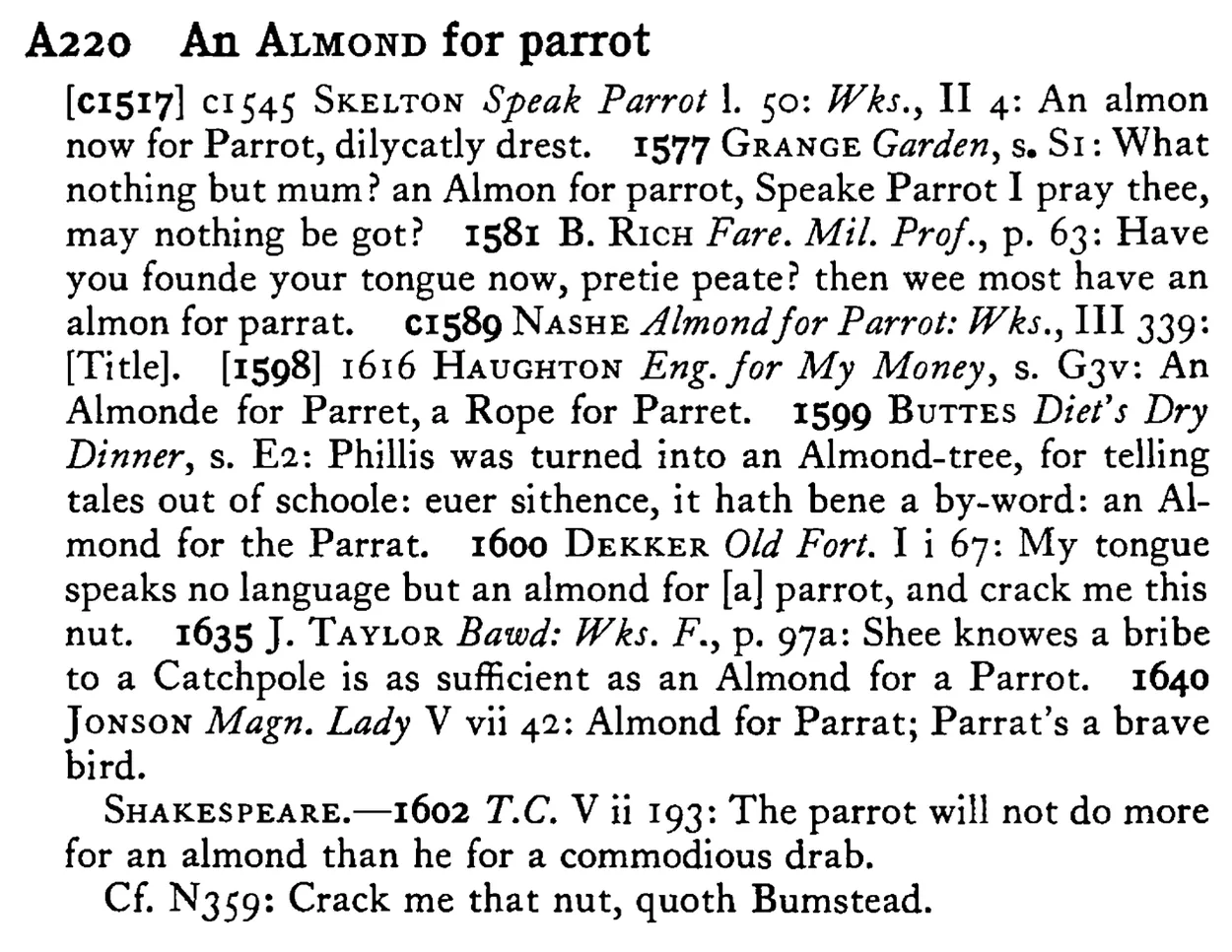 An ALMOND for parrot - a scanned entry from Tilley's 1950 Dictionary of Proverbs.