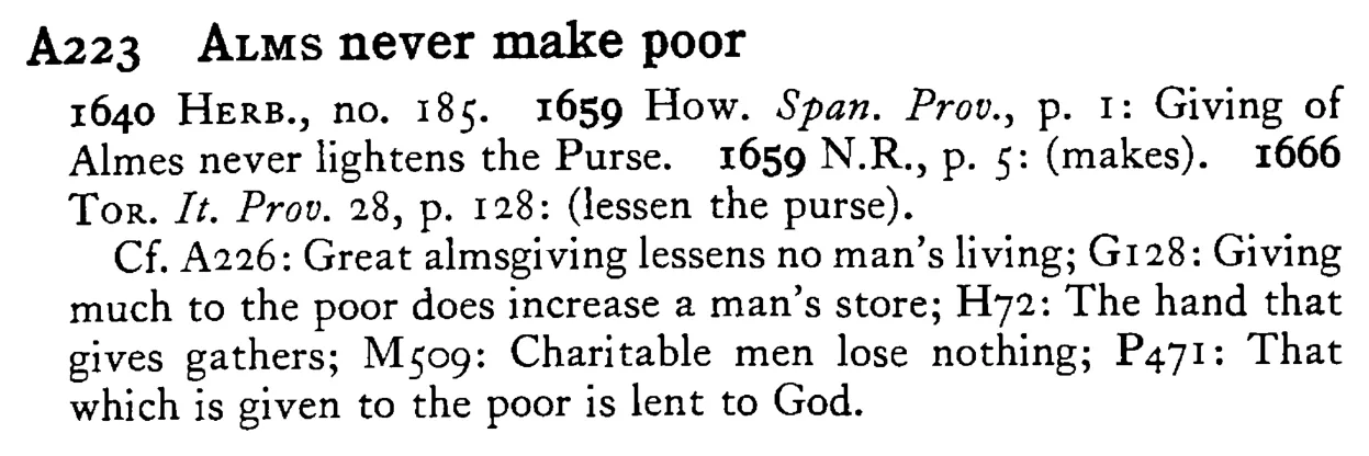 ALMS never make poor - a scanned entry from Tilley's 1950 Dictionary of Proverbs.