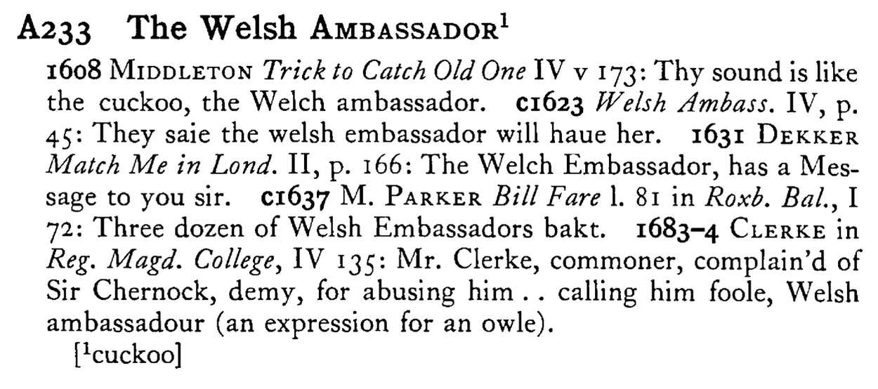 The Welsh AMBASSADOR¹ - a scanned entry from Tilley's 1950 Dictionary of Proverbs.