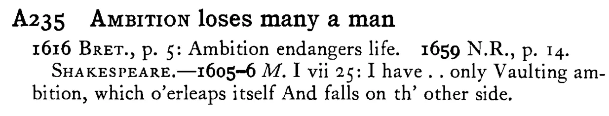AMBITION loses many a man - a scanned entry from Tilley's 1950 Dictionary of Proverbs.