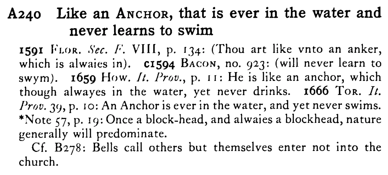 Like an ANCHOR, that is ever in the water and never learns to swim - a scanned entry from Tilley's 1950 Dictionary of Proverbs.