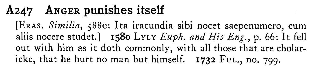 ANGER punishes itself - a scanned entry from Tilley's 1950 Dictionary of Proverbs.