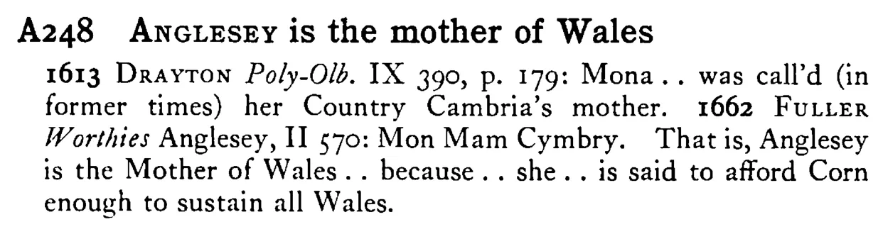 ANGLESEY is the mother of Wales - a scanned entry from Tilley's 1950 Dictionary of Proverbs.