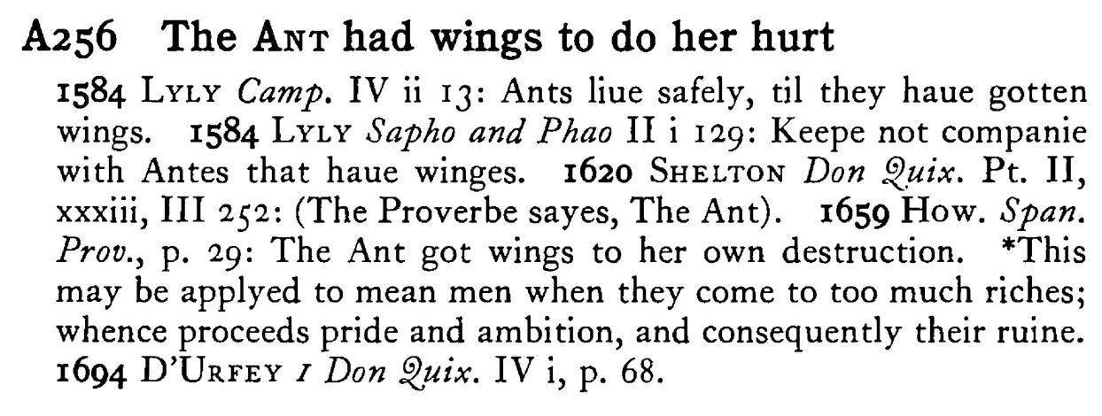 The ANT had wings to do her hurt - a scanned entry from Tilley's 1950 Dictionary of Proverbs.