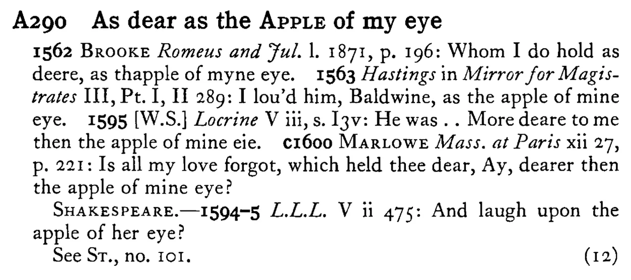 As dear as the APPLE of my eye - a scanned entry from Tilley's 1950 Dictionary of Proverbs.
