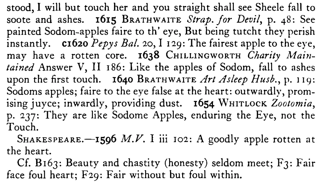 Sodom APPLES outwardly fair, ashes at the core - a scanned entry from Tilley's 1950 Dictionary of Proverbs. (continuation)