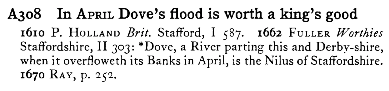In APRIL Dove's flood is worth a king's good - a scanned entry from Tilley's 1950 Dictionary of Proverbs.