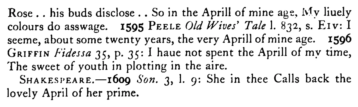 In the APRIL of one's age - a scanned entry from Tilley's 1950 Dictionary of Proverbs. (continuation)