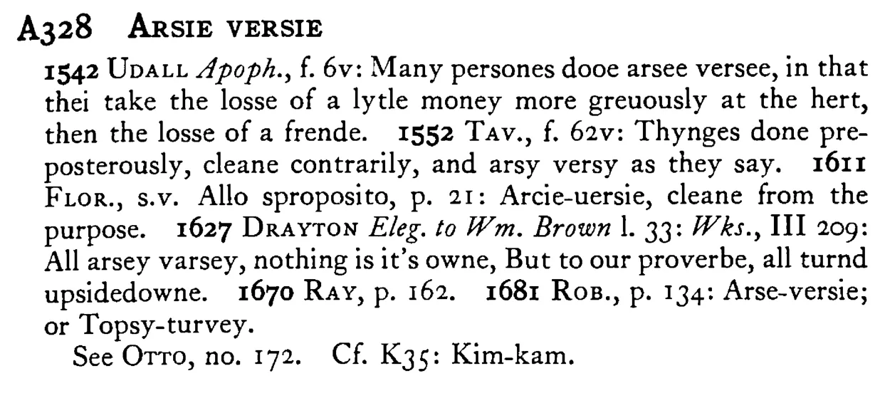 ARSIE VERSIE - a scanned entry from Tilley's 1950 Dictionary of Proverbs.