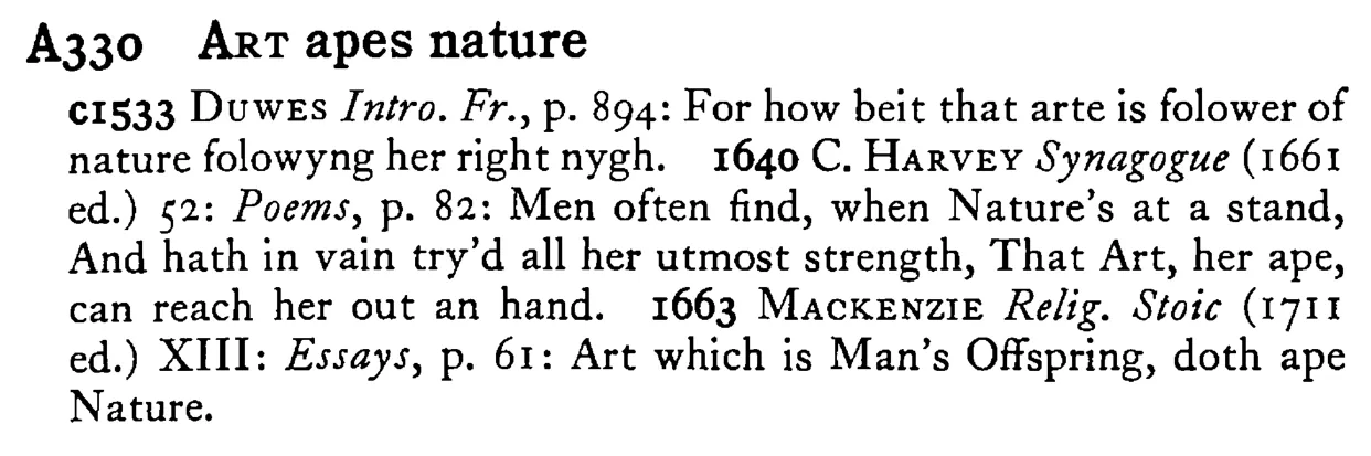ART apes nature - a scanned entry from Tilley's 1950 Dictionary of Proverbs.