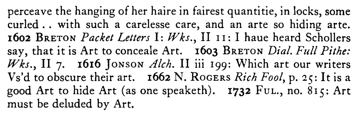It is ART to hide art - a scanned entry from Tilley's 1950 Dictionary of Proverbs. (continuation)