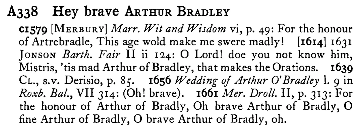 Hey brave ARTHUR BRADLEY - a scanned entry from Tilley's 1950 Dictionary of Proverbs.