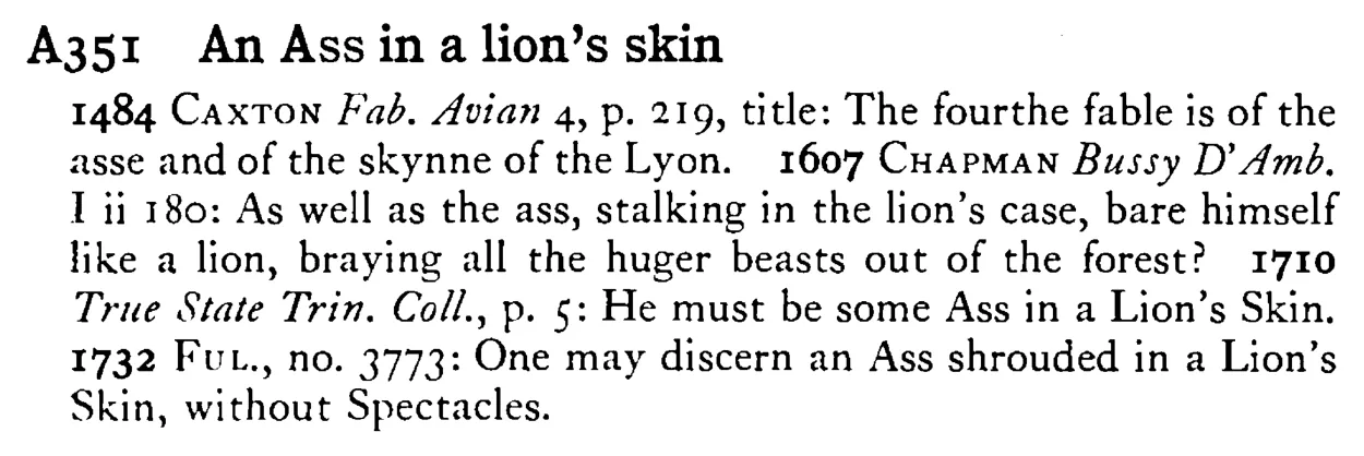 An ASS in a lion's skin - a scanned entry from Tilley's 1950 Dictionary of Proverbs.