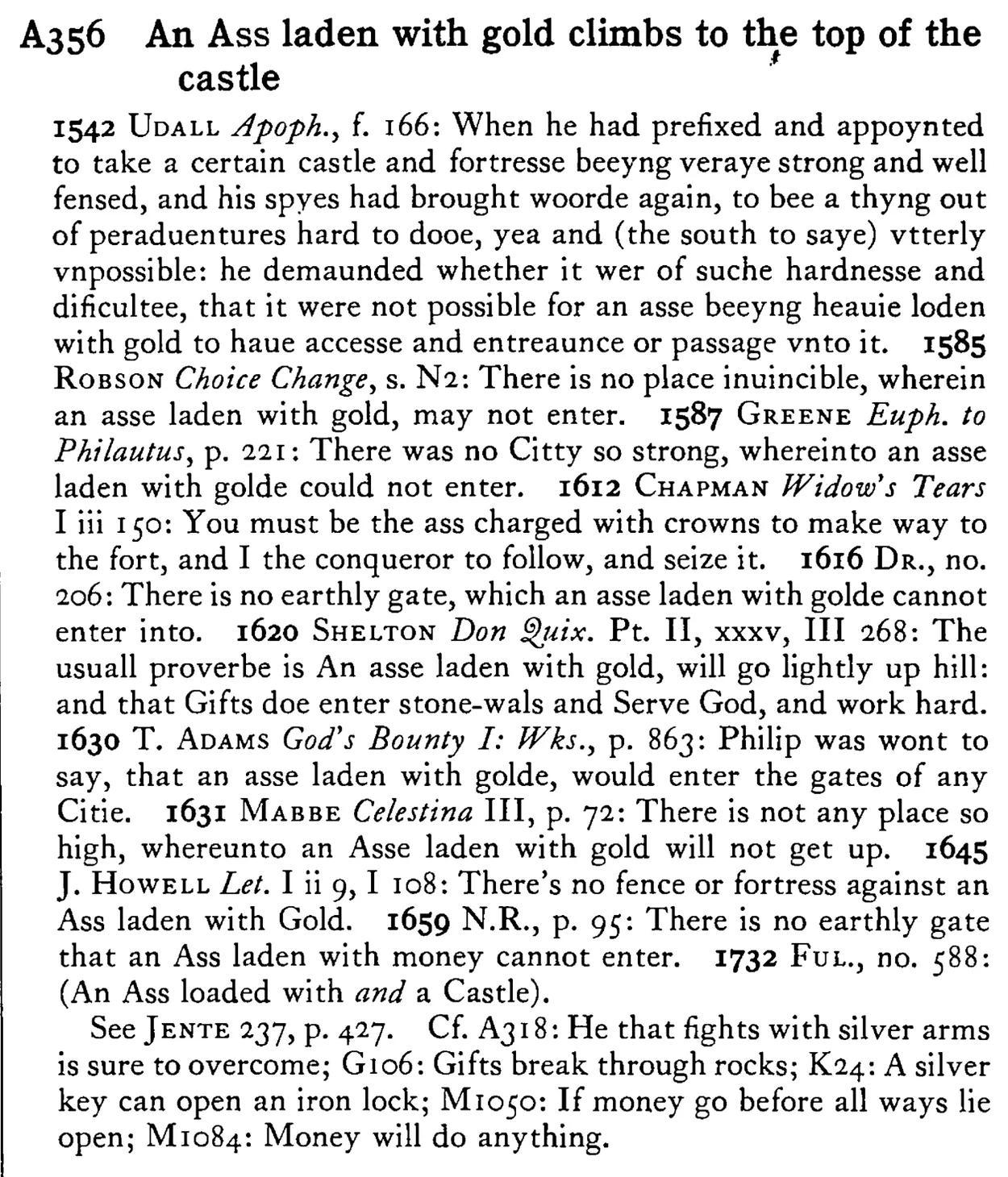 An ASS laden with gold climbs to the top of the castle - a scanned entry from Tilley's 1950 Dictionary of Proverbs.