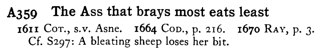 The ASS that brays most eats least - a scanned entry from Tilley's 1950 Dictionary of Proverbs.