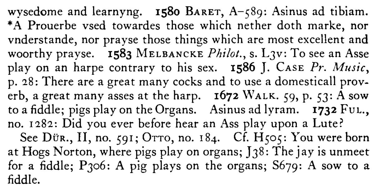 To see an ASS play on a harp - a scanned entry from Tilley's 1950 Dictionary of Proverbs. (continuation)
