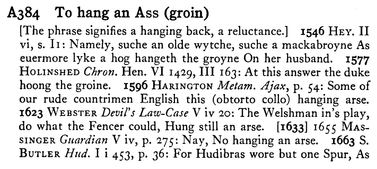 To hang an ASS (groin) - a scanned entry from Tilley's 1950 Dictionary of Proverbs.