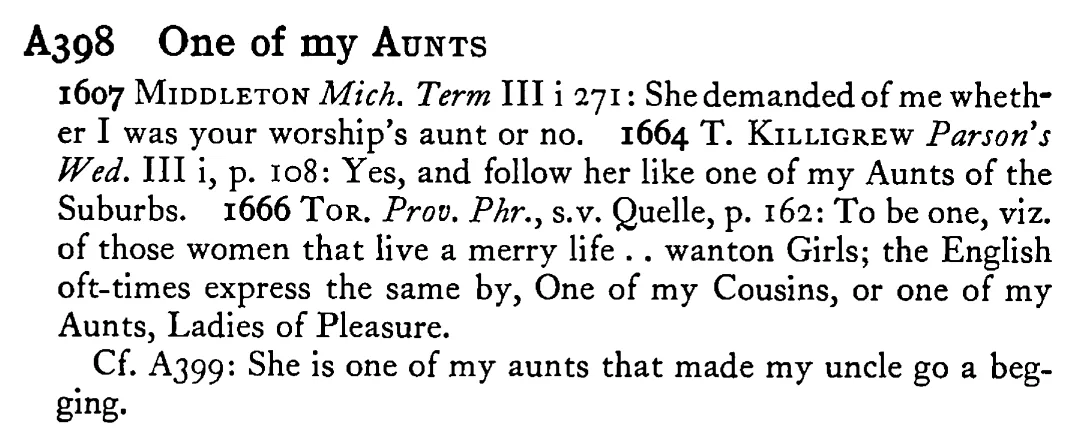 One of my AUNTS - a scanned entry from Tilley's 1950 Dictionary of Proverbs.