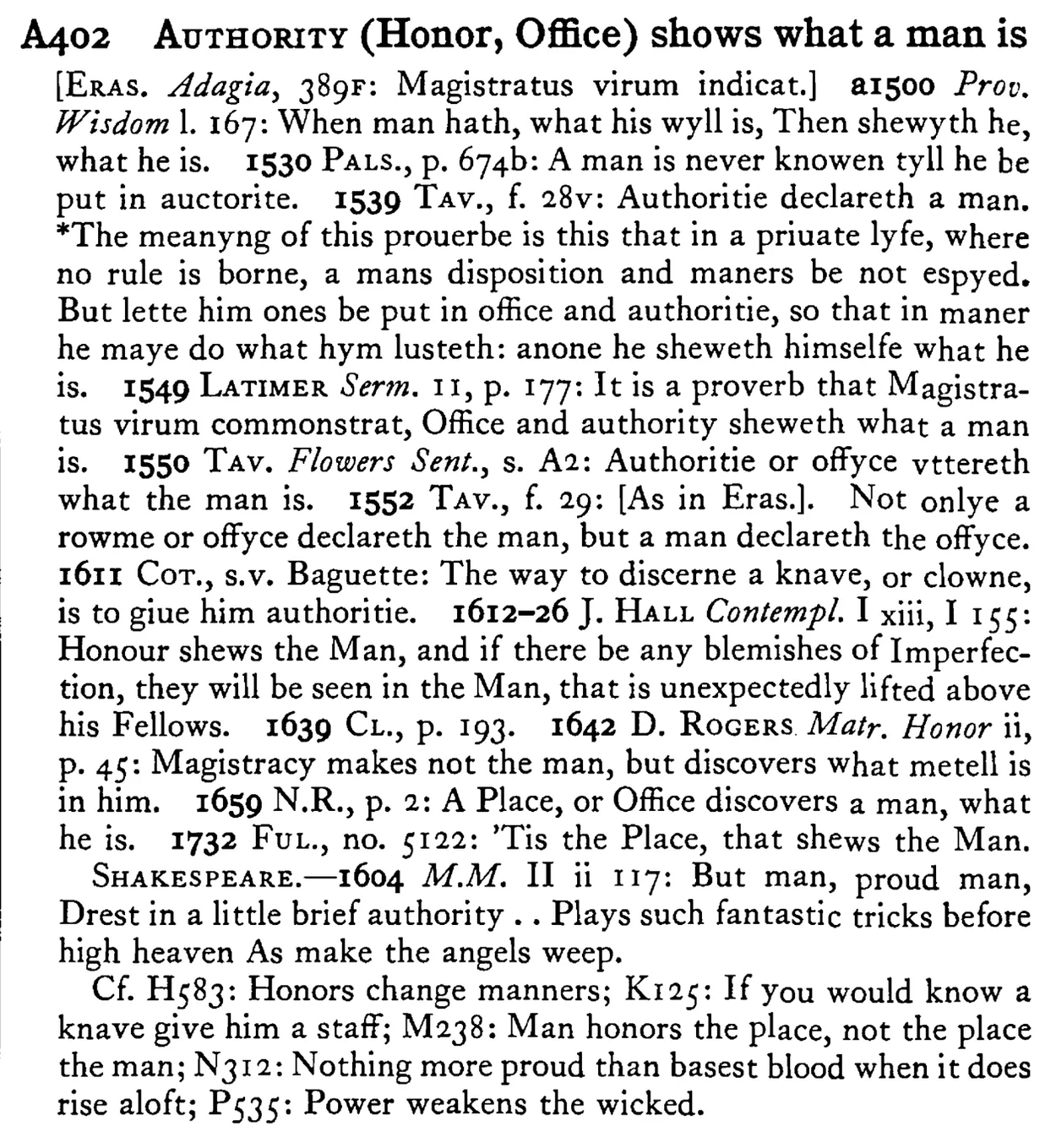 AUTHORITY (Honor, Office) shows what a man is - a scanned entry from Tilley's 1950 Dictionary of Proverbs.