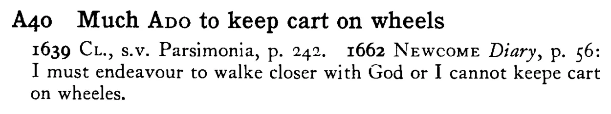 Much ADO to keep cart on wheels - a scanned entry from Tilley's 1950 Dictionary of Proverbs.