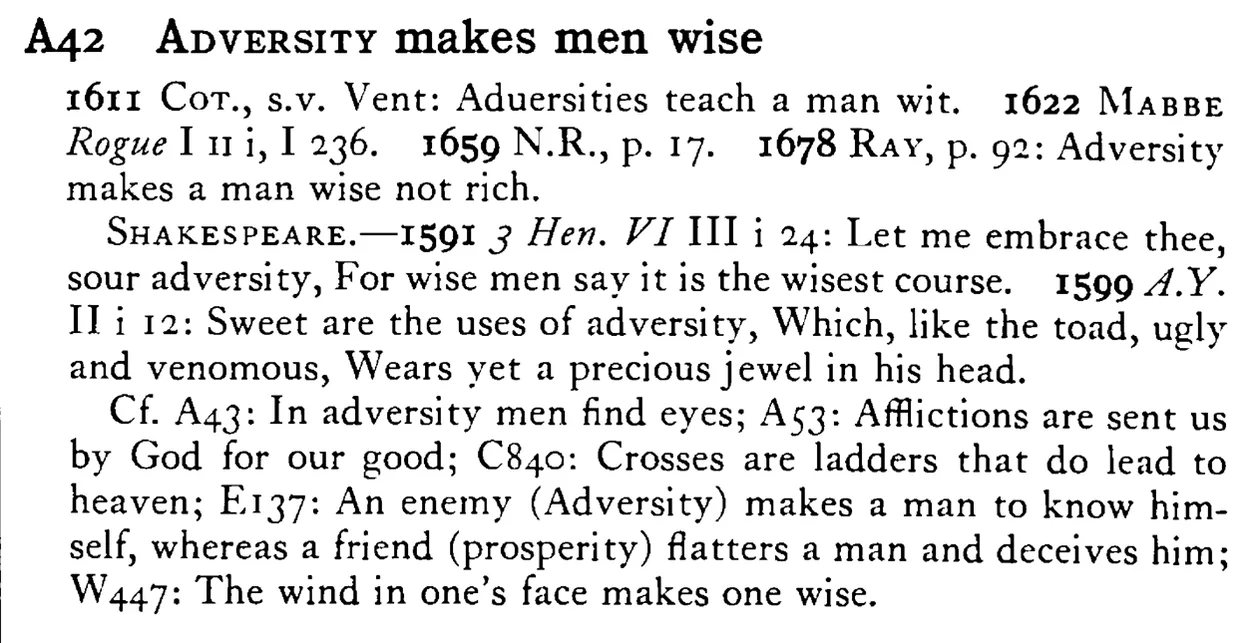 ADVERSITY makes men wise - a scanned entry from Tilley's 1950 Dictionary of Proverbs.