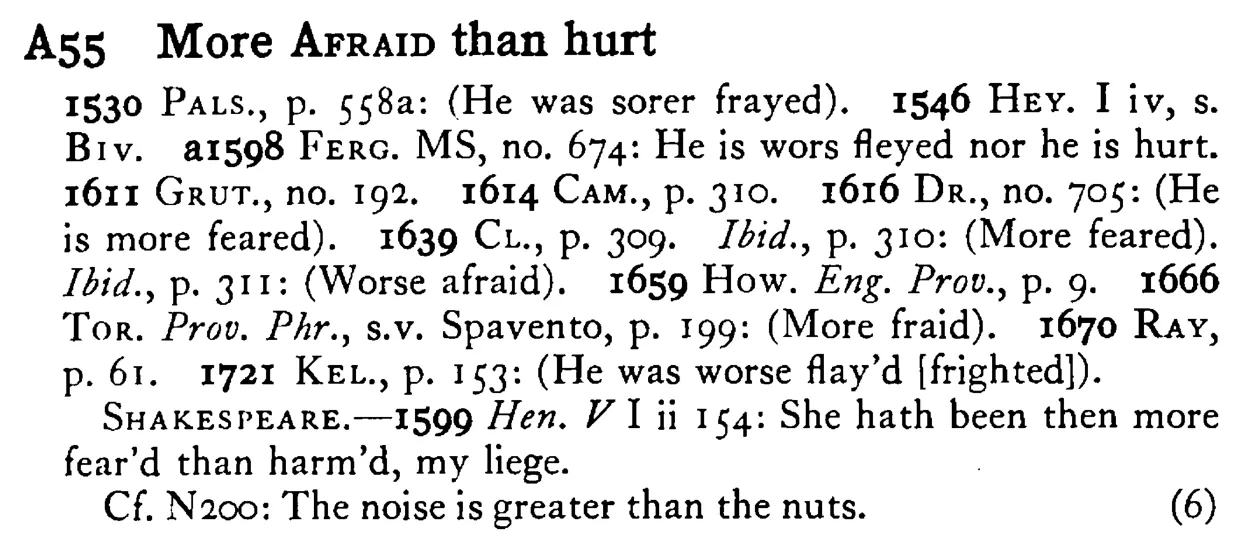 More AFRAID than hurt - a scanned entry from Tilley's 1950 Dictionary of Proverbs.
