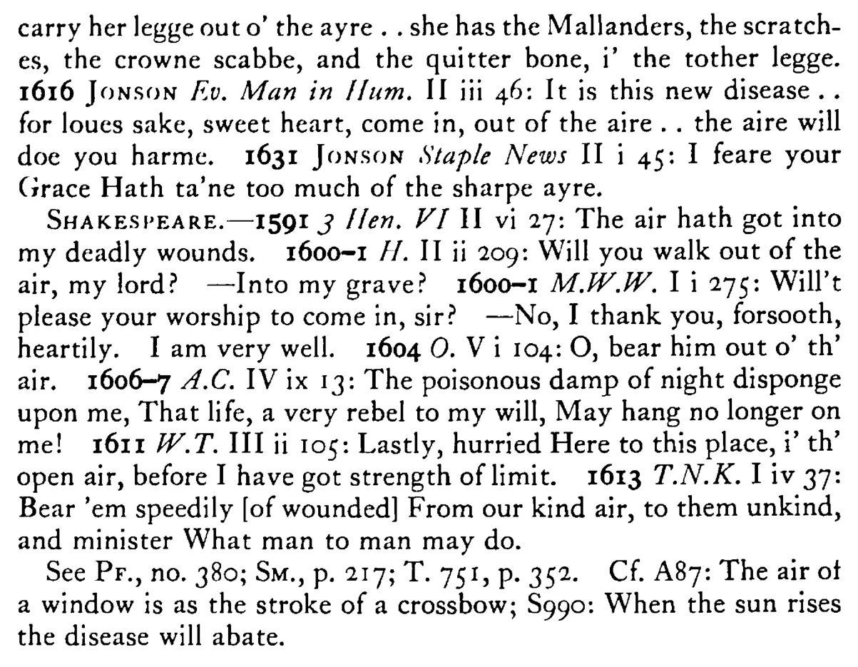 Fresh AIR is ill for the diseased or wounded man - a scanned entry from Tilley's 1950 Dictionary of Proverbs. (continuation)