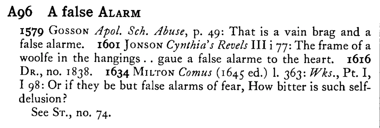 A false ALARM - a scanned entry from Tilley's 1950 Dictionary of Proverbs.