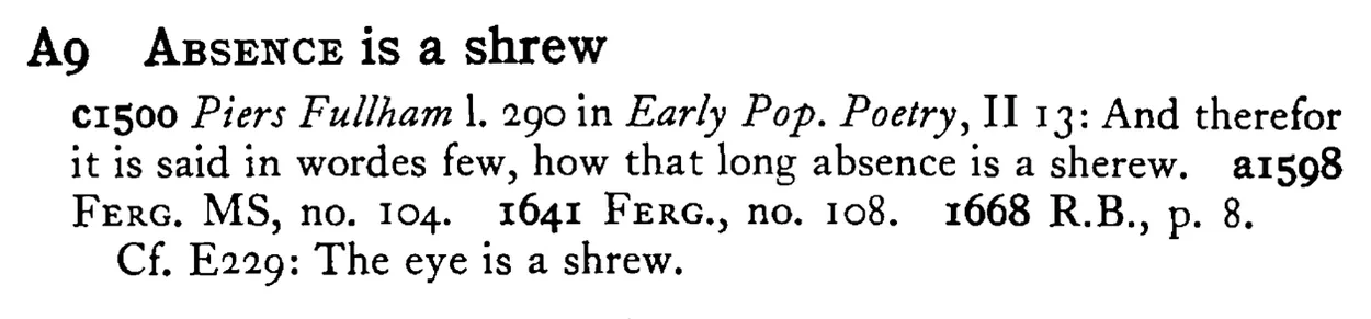 ABSENCE is a shrew - a scanned entry from Tilley's 1950 Dictionary of Proverbs.