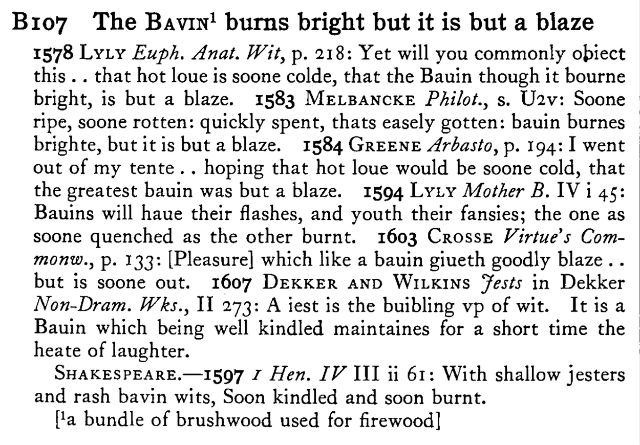 The BAVIN¹ burns bright but it is but a blaze - a scanned entry from Tilley's 1950 Dictionary of Proverbs.