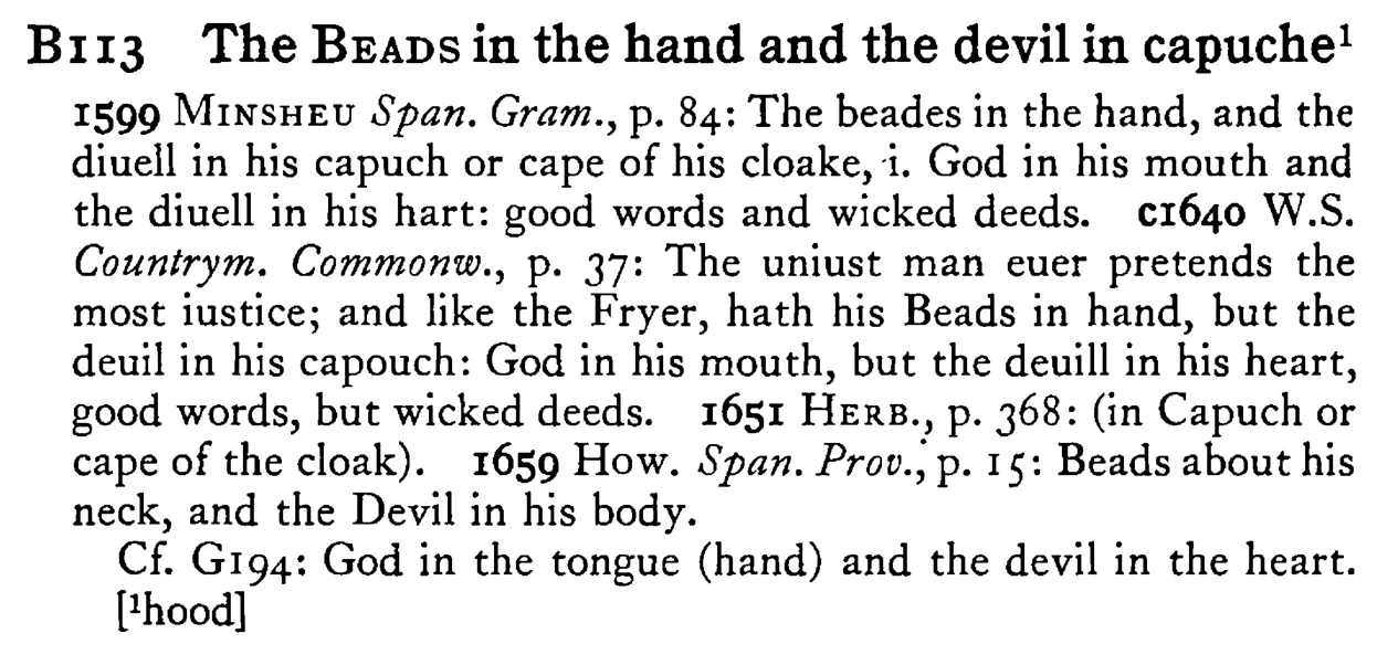 The BEADS in the hand and the devil in capuche1 - a scanned entry from Tilley's 1950 Dictionary of Proverbs.