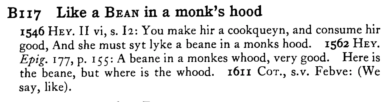 Like a BEAN in a monk's hood - a scanned entry from Tilley's 1950 Dictionary of Proverbs.