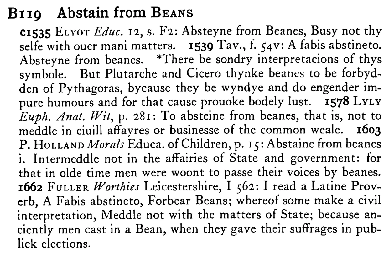 Abstain from BEANS - a scanned entry from Tilley's 1950 Dictionary of Proverbs.