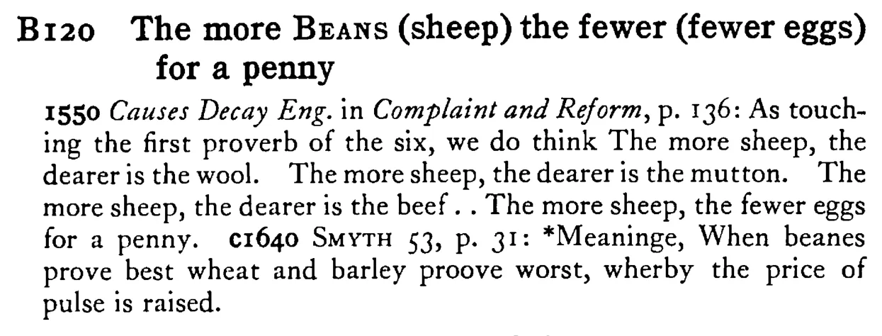 The more BEANS (sheep) the fewer (fewer eggs) for a penny - a scanned entry from Tilley's 1950 Dictionary of Proverbs.