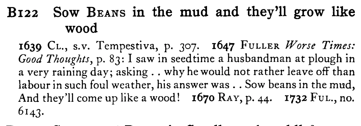 Sow BEANS in the mud and they'll grow like wood - a scanned entry from Tilley's 1950 Dictionary of Proverbs.