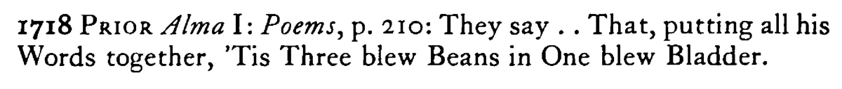 Three blue BEANS in a blue bladder, rattle, bladder, rattle - a scanned entry from Tilley's 1950 Dictionary of Proverbs. (continuation)