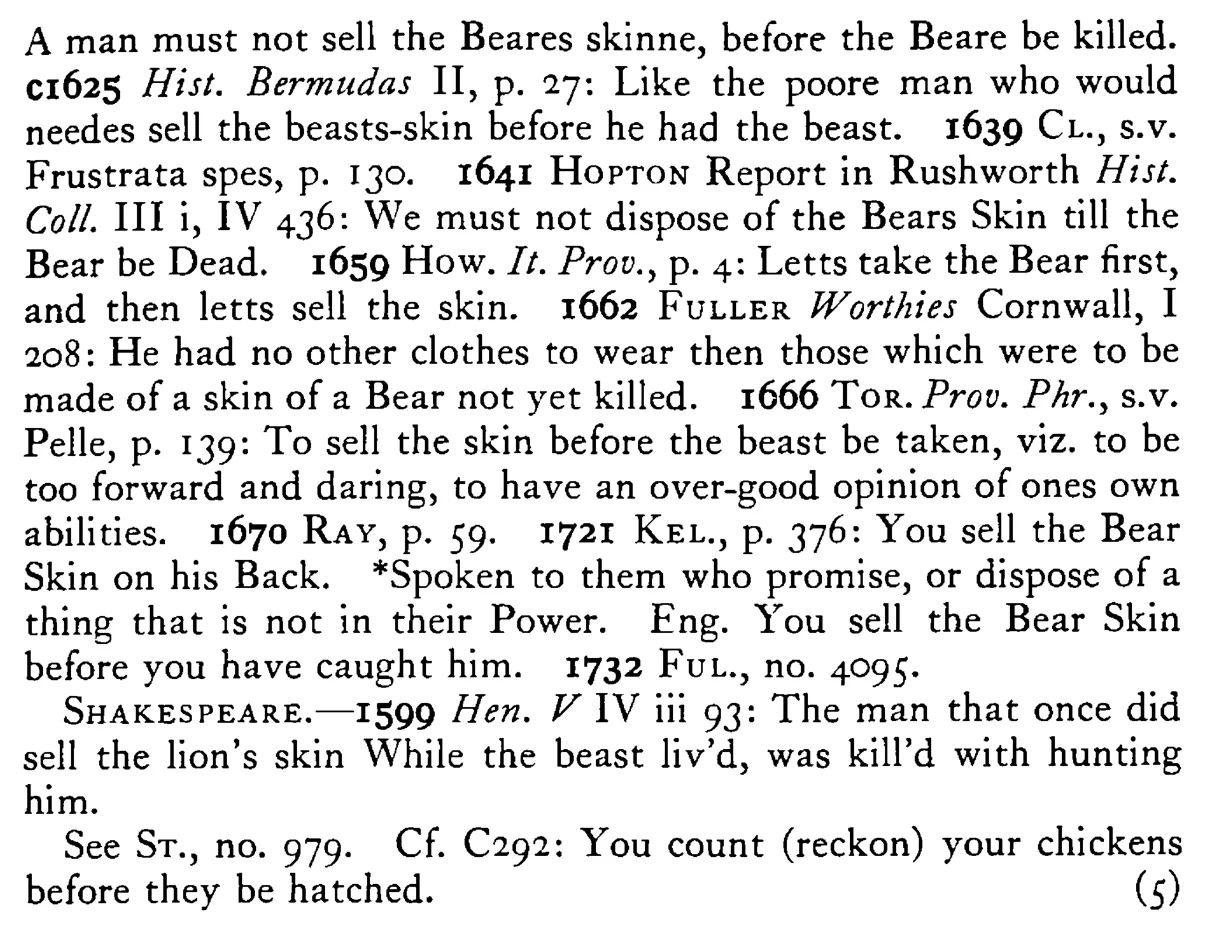 Sell not the BEAR's skin before you have caught him - a scanned entry from Tilley's 1950 Dictionary of Proverbs. (continuation)