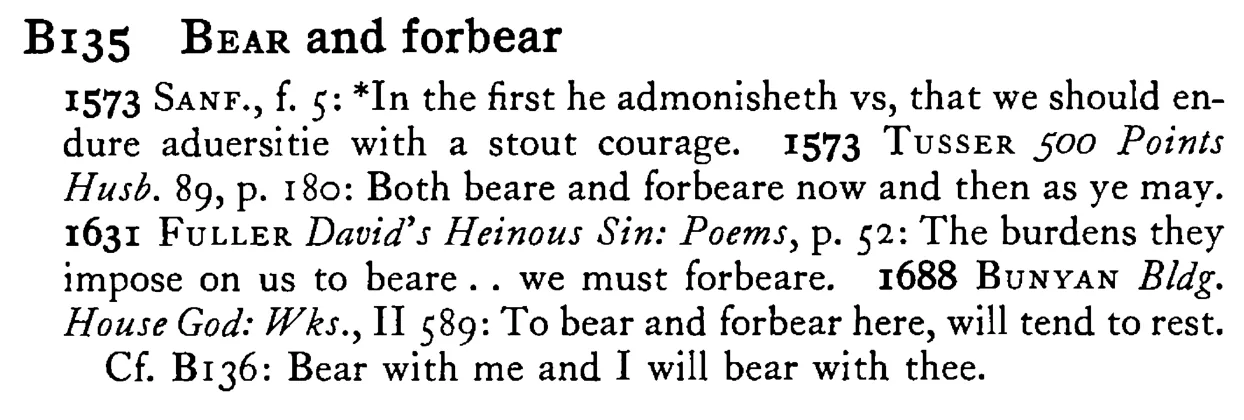 BEAR and forbear - a scanned entry from Tilley's 1950 Dictionary of Proverbs.