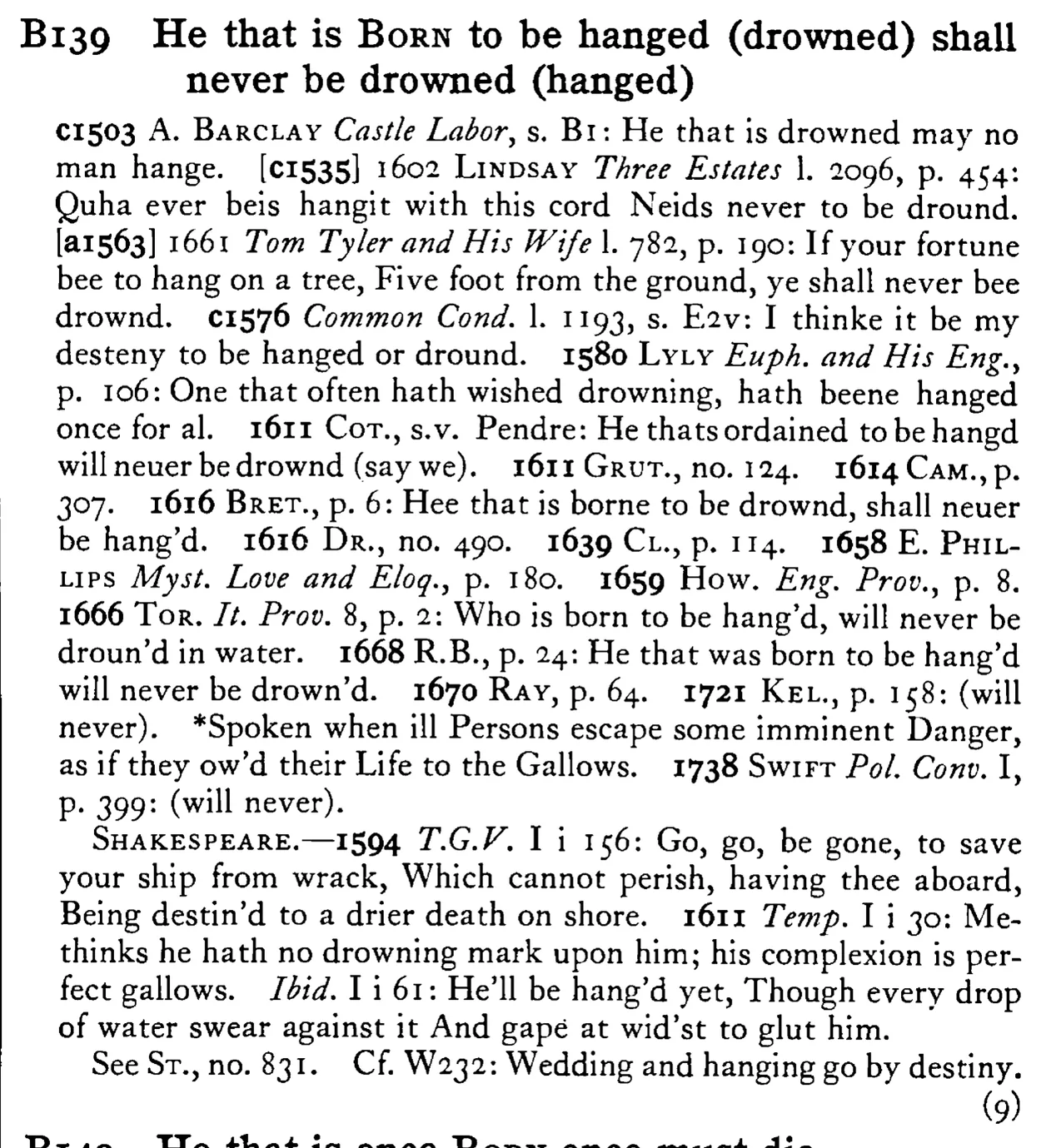 He that is BORN to be hanged (drowned) shall never be drowned (hanged) - a scanned entry from Tilley's 1950 Dictionary of Proverbs.