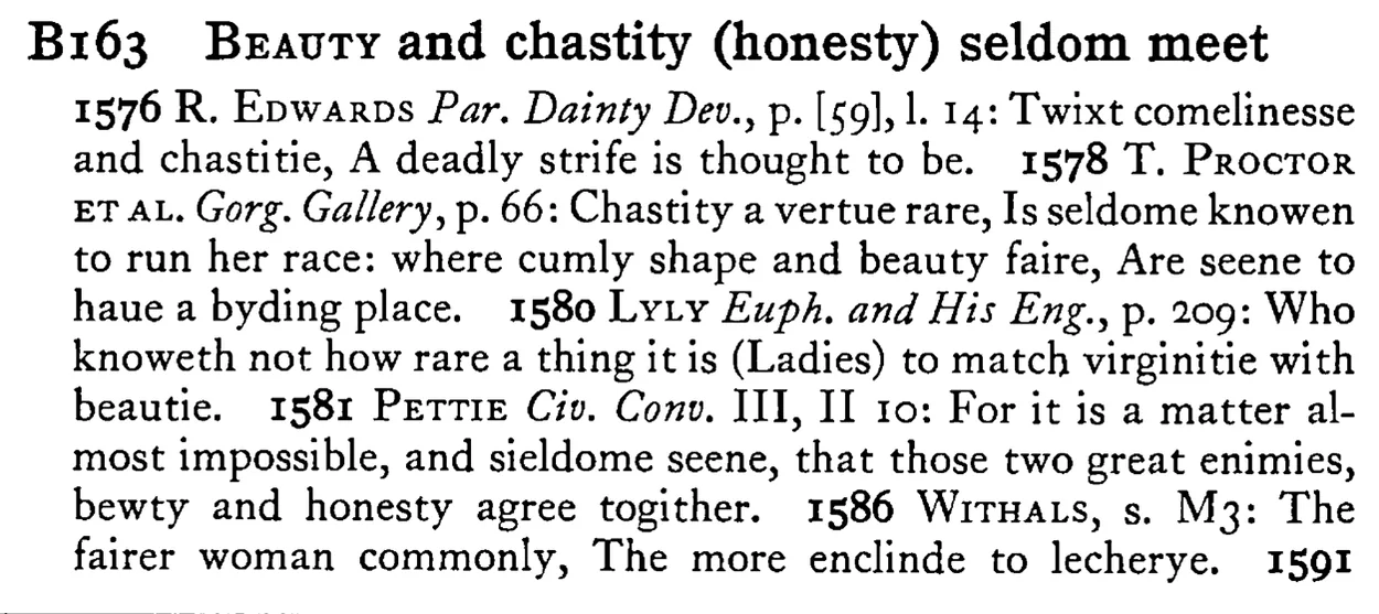 BEAUTY and chastity (honesty) seldom meet - a scanned entry from Tilley's 1950 Dictionary of Proverbs.