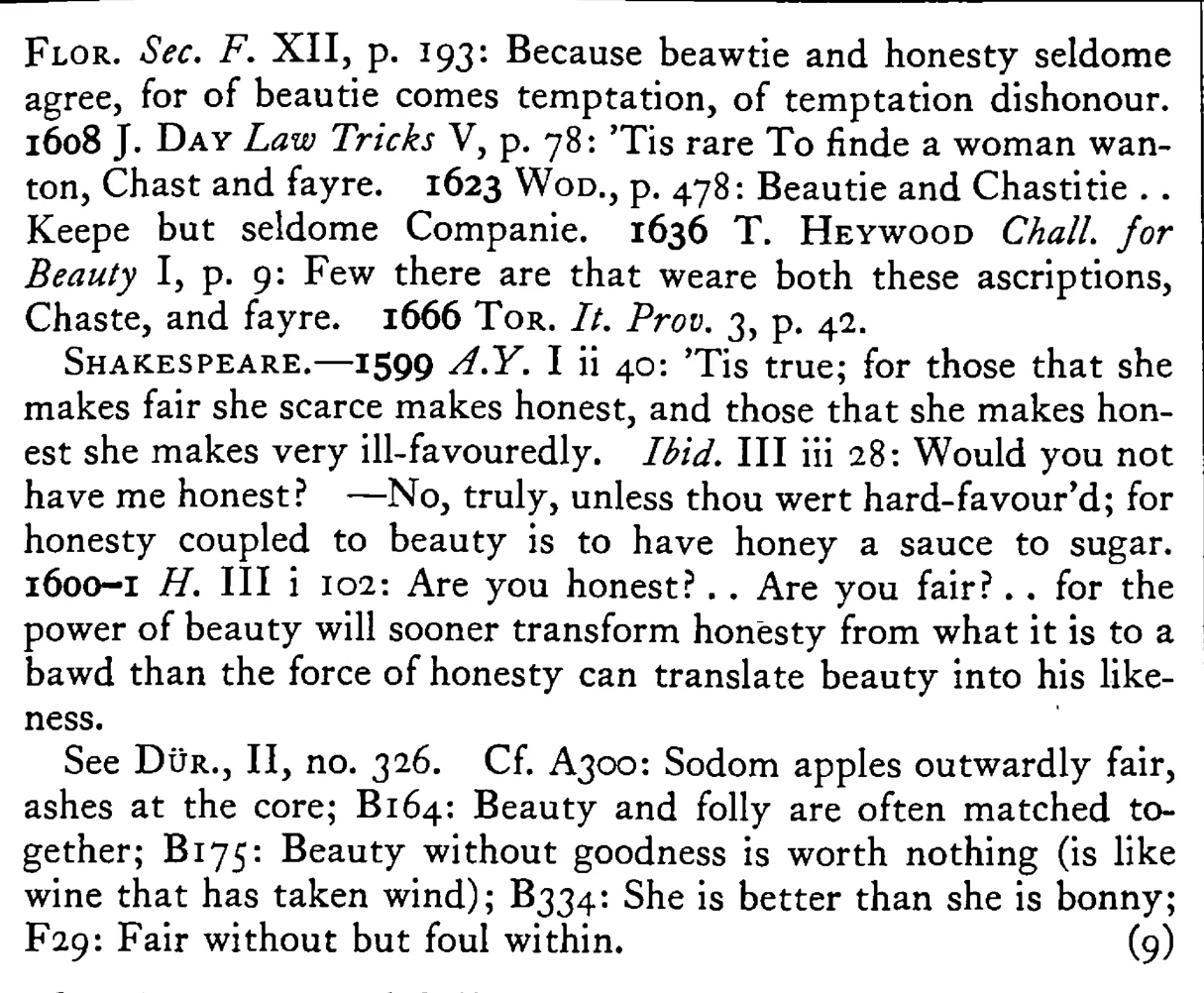BEAUTY and chastity (honesty) seldom meet - a scanned entry from Tilley's 1950 Dictionary of Proverbs. (continuation)