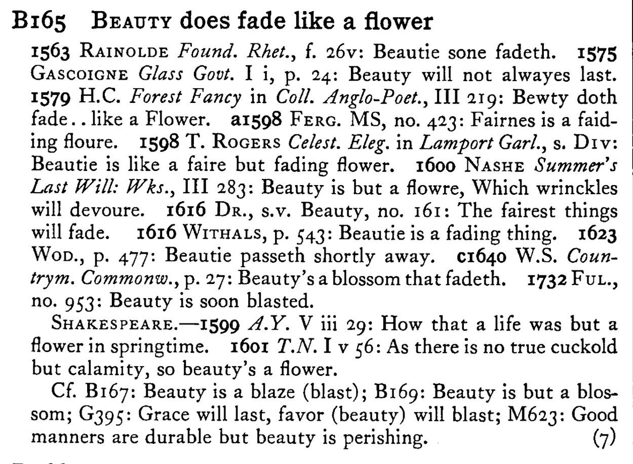 BEAUTY does fade like a flower - a scanned entry from Tilley's 1950 Dictionary of Proverbs.