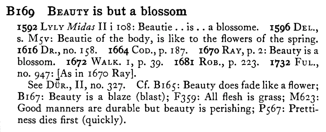 BEAUTY is but a blossom - a scanned entry from Tilley's 1950 Dictionary of Proverbs.
