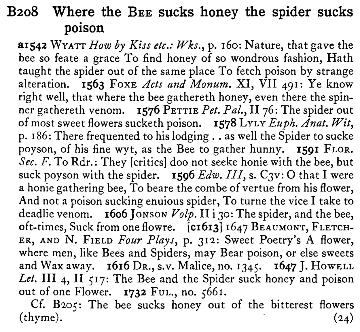 Where the BEE sucks honey the spider sucks poison - a scanned entry from Tilley's 1950 Dictionary of Proverbs.